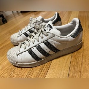 Adidas Superstars Silver Iridescent Glitter Stripes White Leather Sneakers Sz8.5